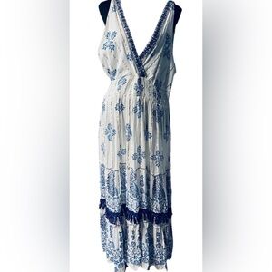 NWT Me 2 Magic Anthropologie Maxi Dress 1X Blue Paisley Embroidered Lurex Boho